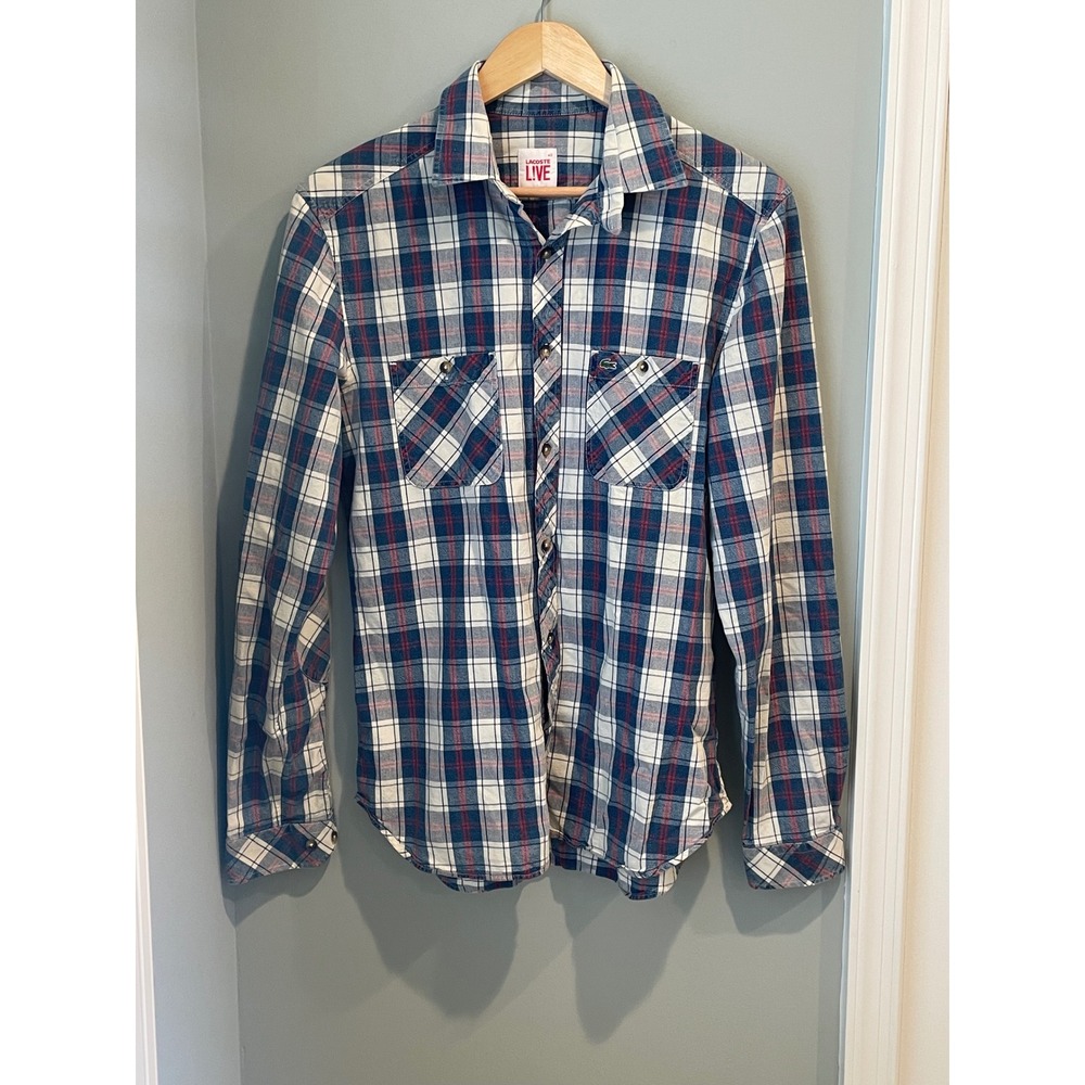 Lacoste LIVE Mens Plaid Button Down Shirt Blue Red White‎ Elbow Patches Size 40